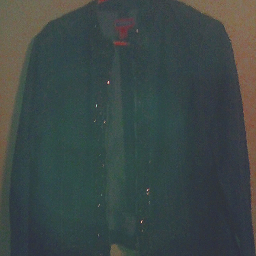 Denim jacket, bedazzled zipper front.